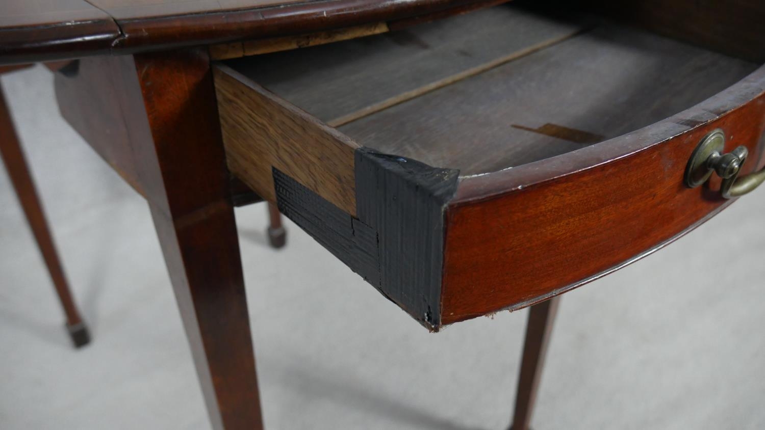 A 19th century mahogany Pembroke table with ebony and satinwood stringing raised on slender square - Image 3 of 6