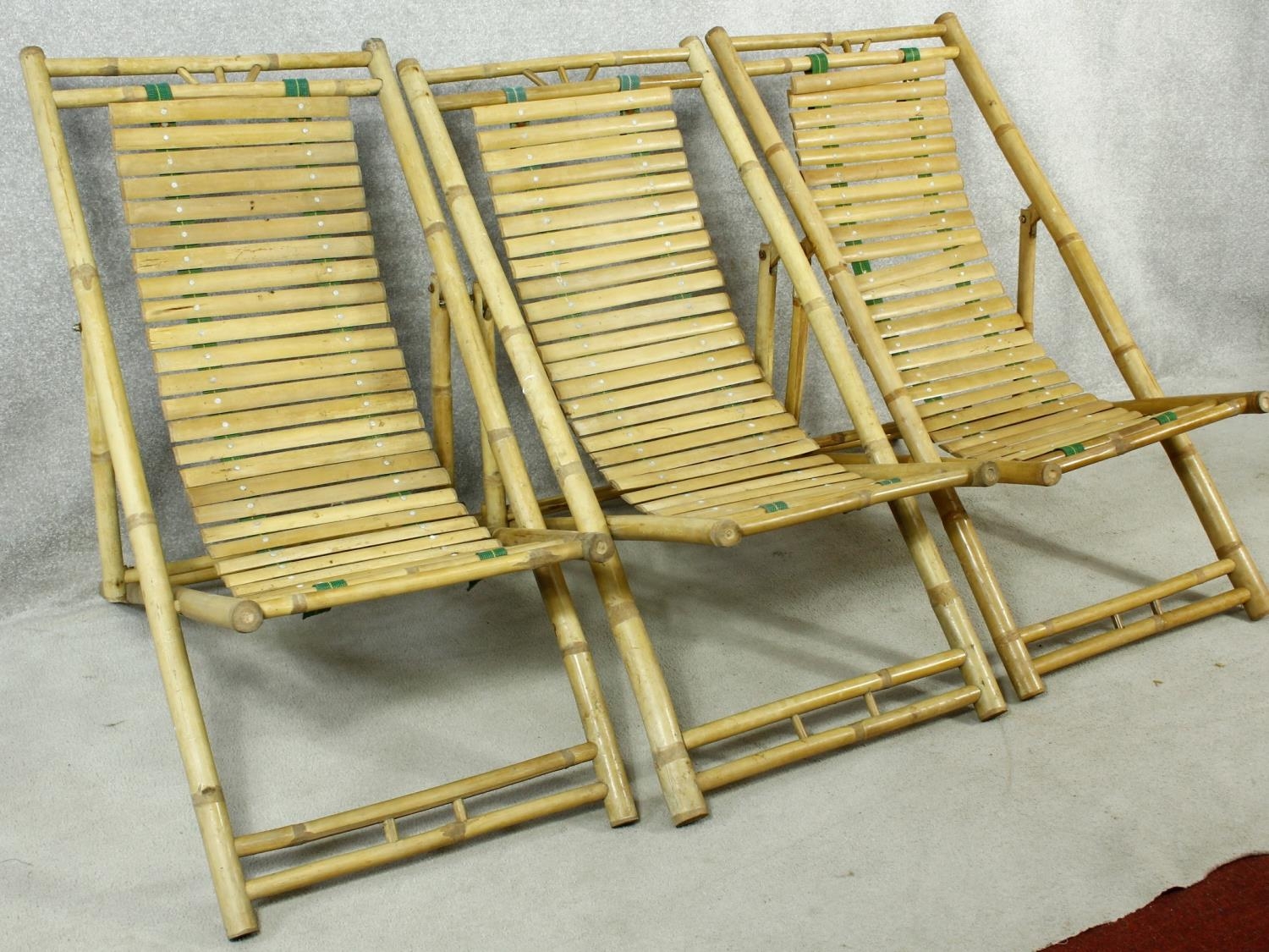 Three bamboo and slatted deck chairs. H.96cm (one in need of repair as photographed). - Image 2 of 5