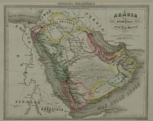 A framed and glazed antique map of Arabia by Geografia Commericale, showing the Persian Gulf. H.49