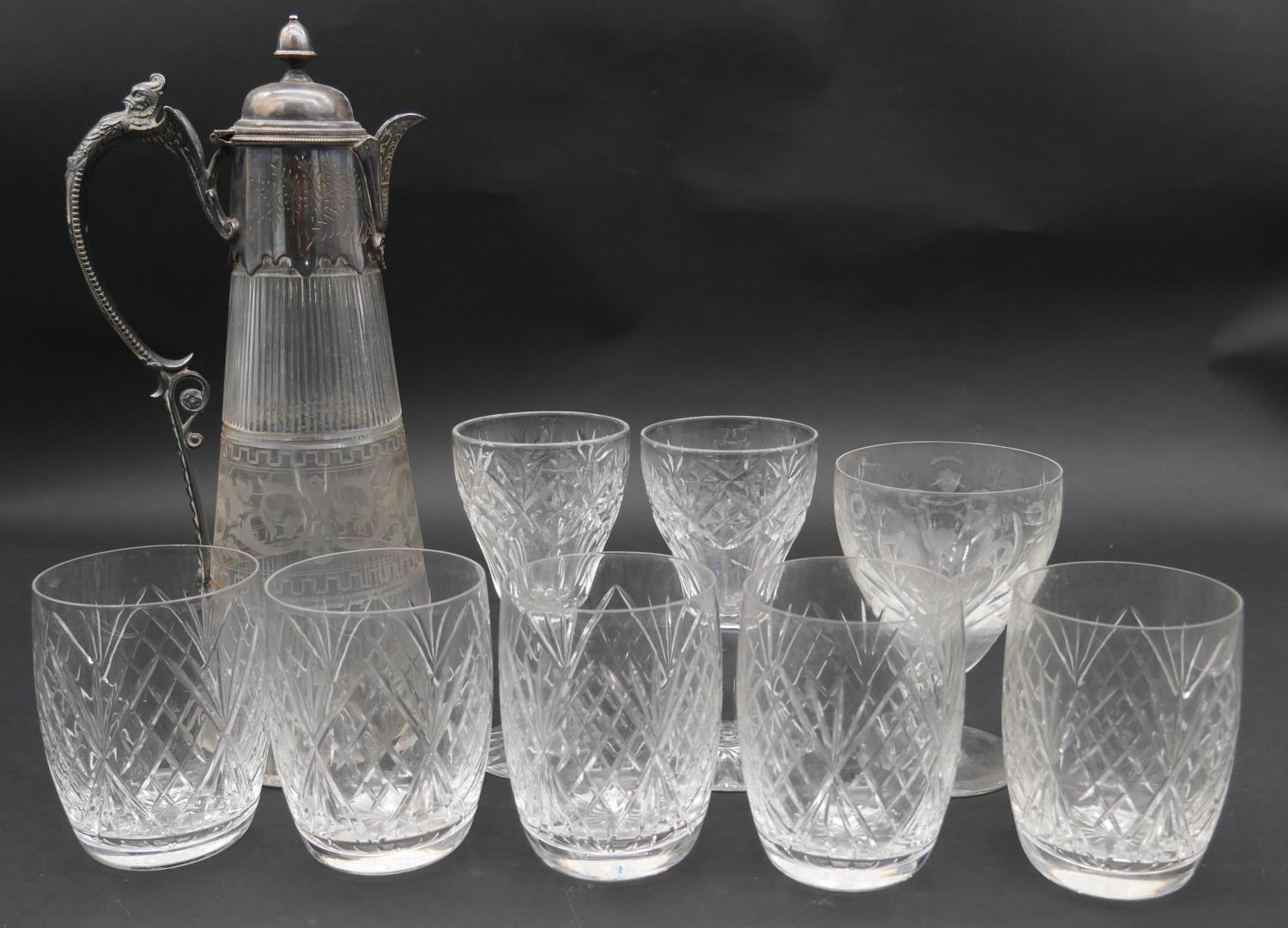 A late 19th century etched glass claret jug with silver plated collar along with various cut glass