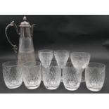 A late 19th century etched glass claret jug with silver plated collar along with various cut glass