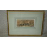 A framed and glazed 19th century pen and watercolour on paper of soldiers. W.53 H.41cm