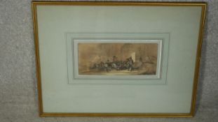 A framed and glazed 19th century pen and watercolour on paper of soldiers. W.53 H.41cm