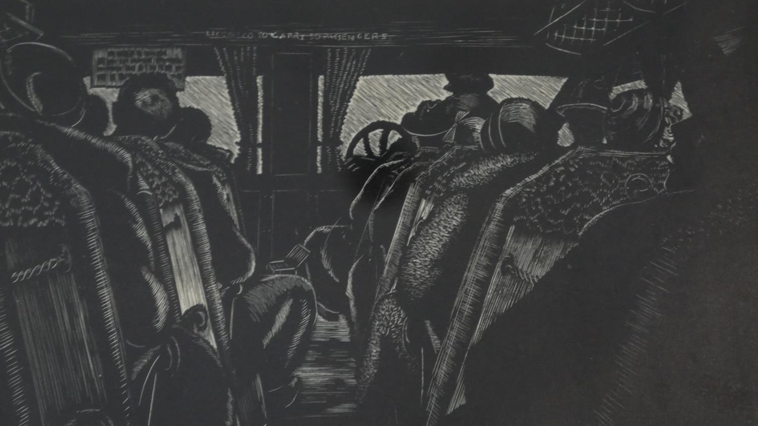 Jolan Williams, A framed and glazed wood cut titled 'Inside the Coach', signed, titled, dated 1934