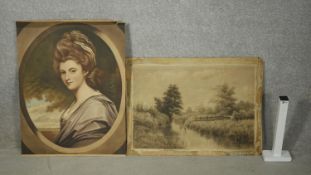 An unframed landscape charcoal drawing on board, unsigned, along with an oleograph portrait of