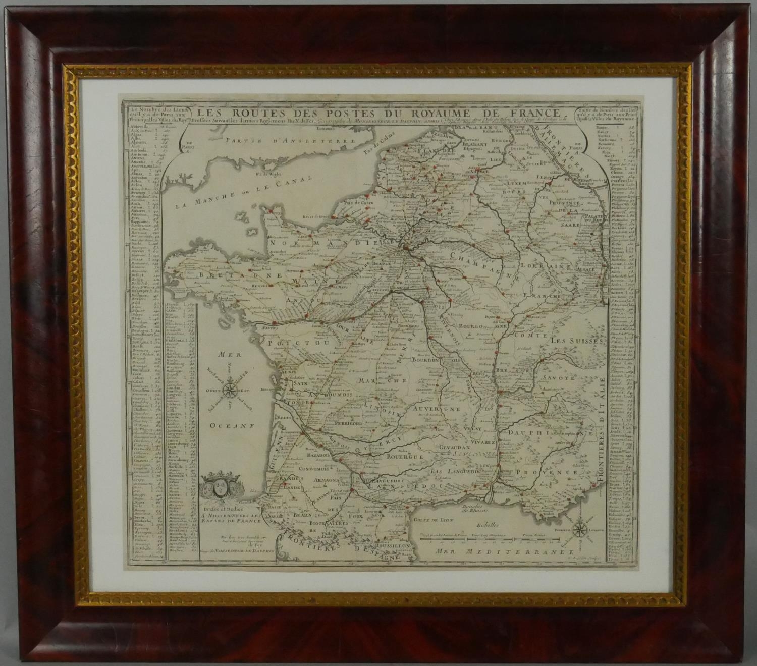 A framed and glazed antique map of 'Les Routes des postes du royaume de France' by Nicolas de Fer. - Image 2 of 5