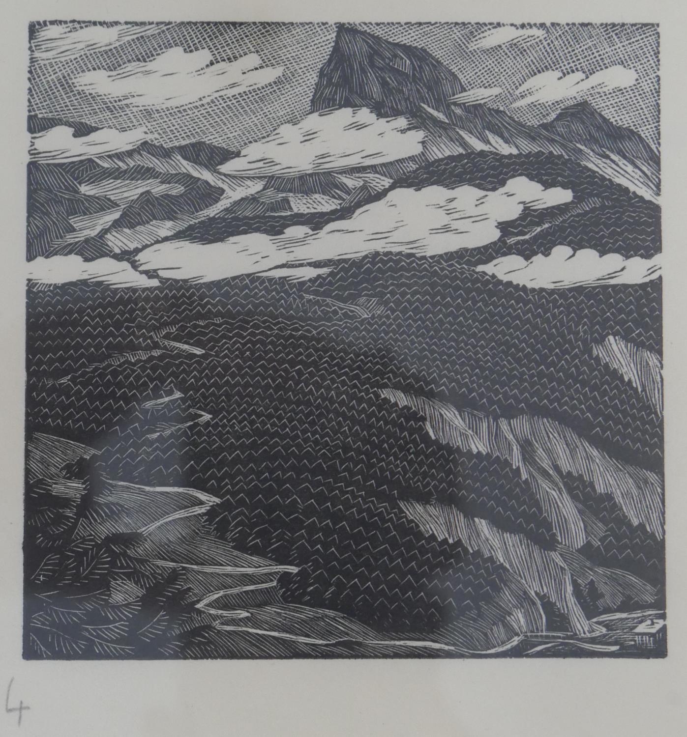 Gwen Raverat (1885 - 1957), framed and glazed woodcut of a mountain scene with cottage. Label to the