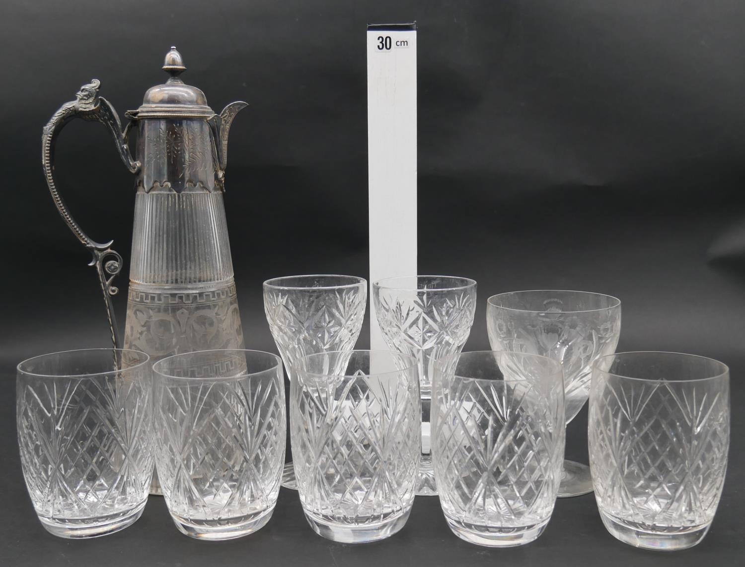 A late 19th century etched glass claret jug with silver plated collar along with various cut glass - Image 6 of 6