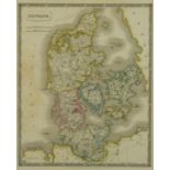 A framed and glazed 19th century hand coloured map of Denmark by Sidney Hall. Published by