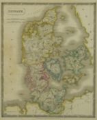 A framed and glazed 19th century hand coloured map of Denmark by Sidney Hall. Published by