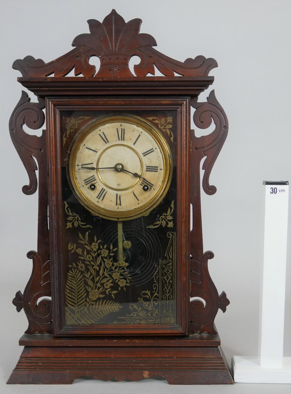 A late 19th century American walnut cased mantel clock with enamel dial and eight day movement by - Image 7 of 7