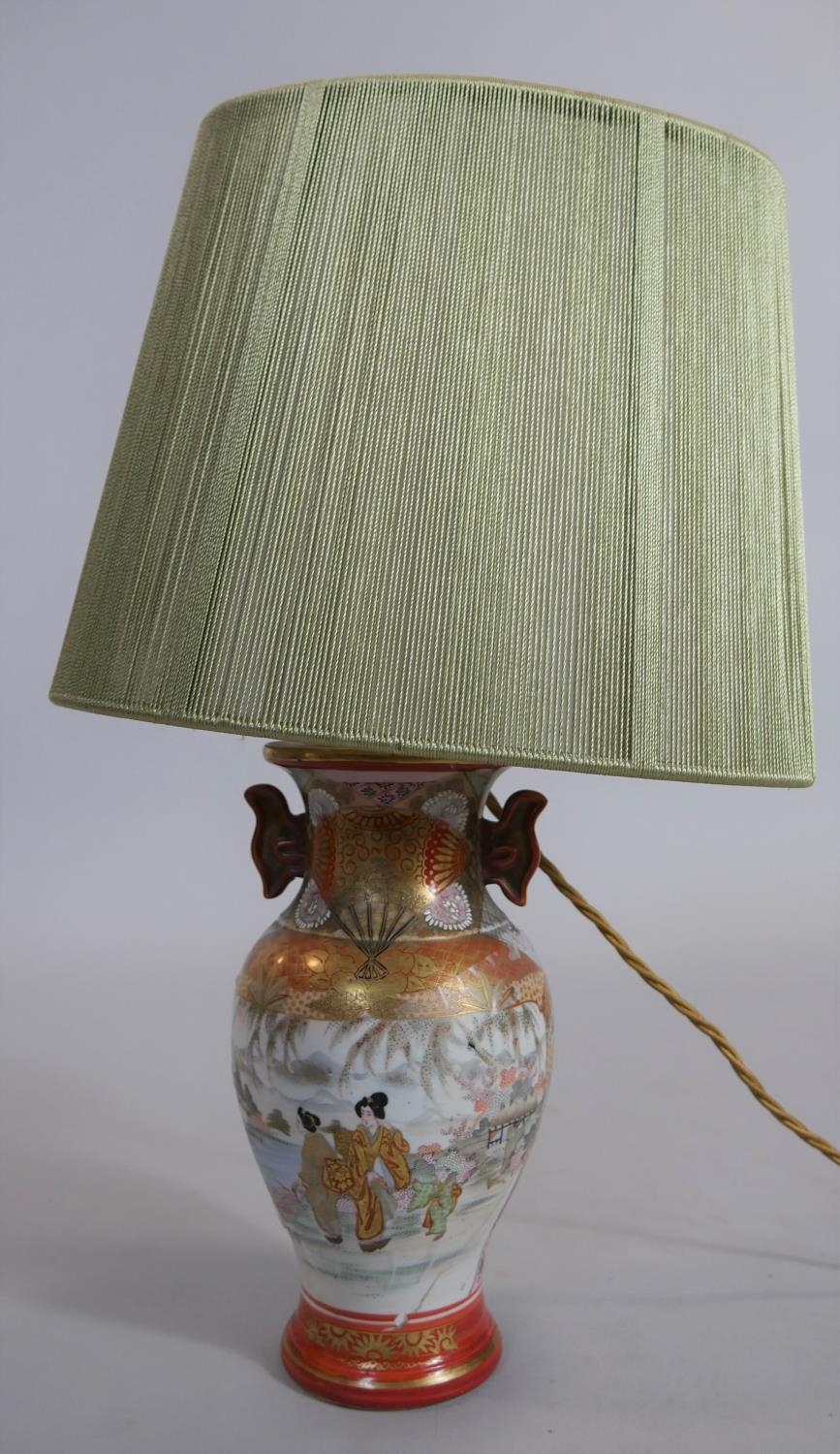 A pair of mid century table lamps and shades in the form of Japanese twin handled baluster form - Image 5 of 8