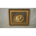 A 19th century gilt framed oil on panel, cats in a basket, dated to the reverse. W.34 H.30cm