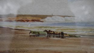 A glazed and framed watercolour, beach with chalk cliffs in the distance, signed Cooper. H.21 W.28cm