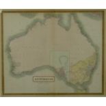 A framed and glazed 19th century hand coloured map of Australia by W & A.K. Johnston. H.62 W.71cm