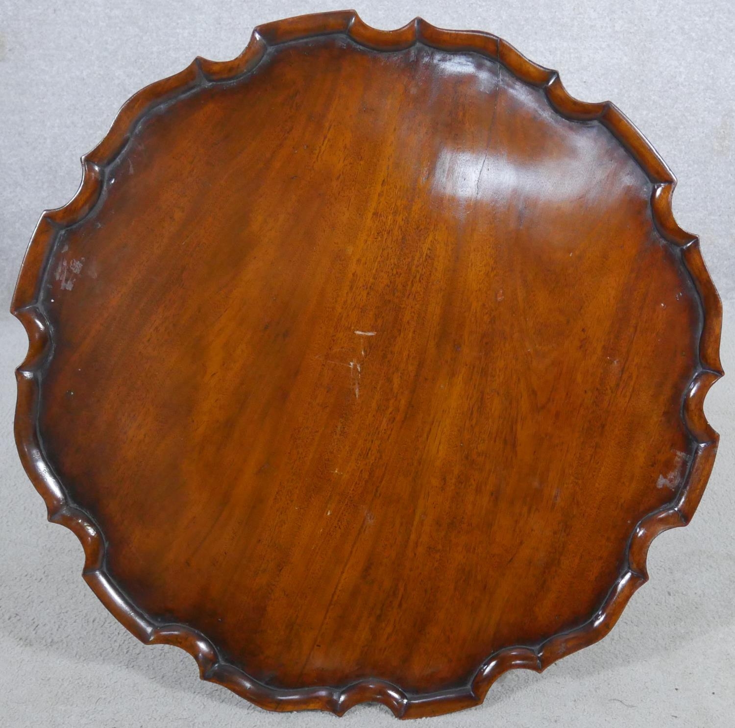 A Georgian style mahogany tilt top occasional table with pie crust edge on husk carved turned - Image 3 of 8