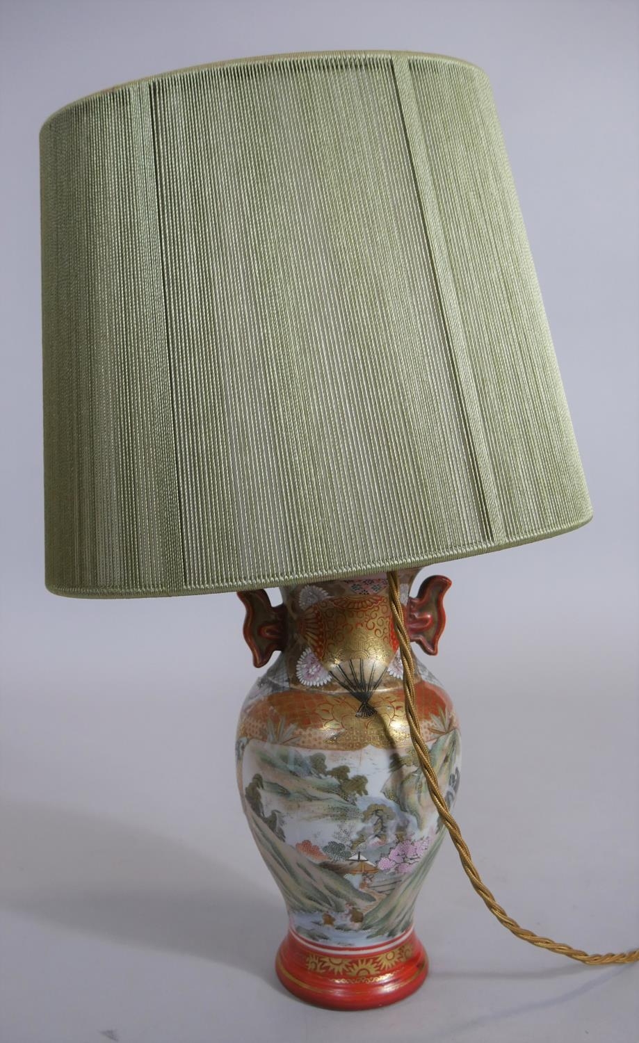 A pair of mid century table lamps and shades in the form of Japanese twin handled baluster form - Image 4 of 8