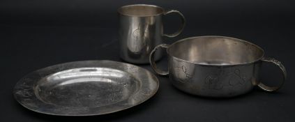 A silver plated child's dinner set, each piece stamped with rabbit motifs and registered mark to the