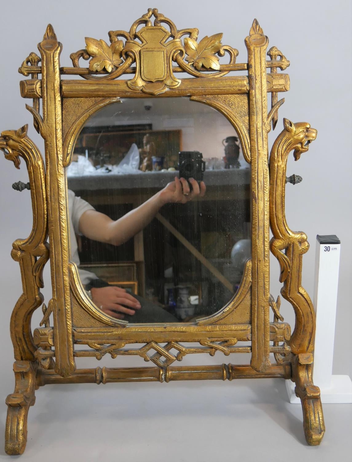 A large late 19th century carved giltwood swing toilet mirror in naturalistic foliate frame with - Image 4 of 4