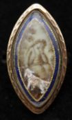 A Georgian red metal mourning ring, the navette-shaped ivory panel painted en grisaille to depict