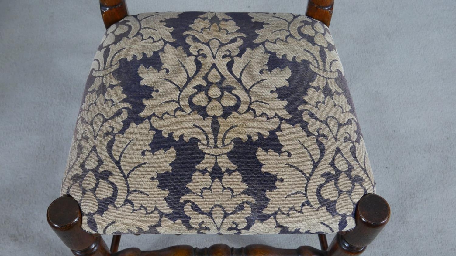 A set of eight oak Lancashire ladderback dining chairs in floral upholstery on turned stretchered - Image 7 of 9