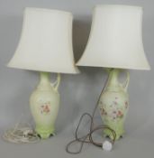 A pair of table lamps and shades converted from hand painted Victorian ewers. H.80cm