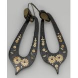 A pair of Victorian Tortoiseshell Pique pendant earrings. Each inlaid with a floral design and