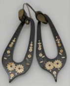 A pair of Victorian Tortoiseshell Pique pendant earrings. Each inlaid with a floral design and