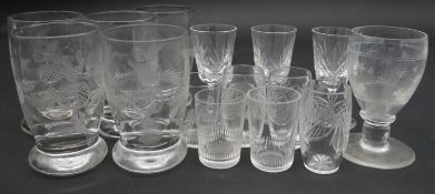 A collection of fifteen cut crystal glasses, including a set of four floral design brandy glasses,