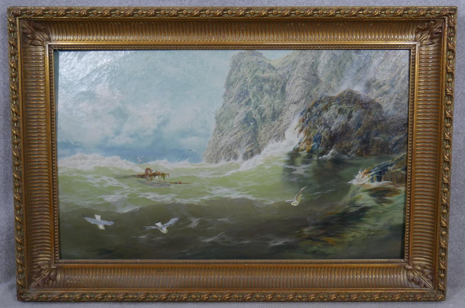 Frederick William Hayes (1848-1918), oil on canvas laid on board, stormy seascape, Bardsey Sound - Image 2 of 7