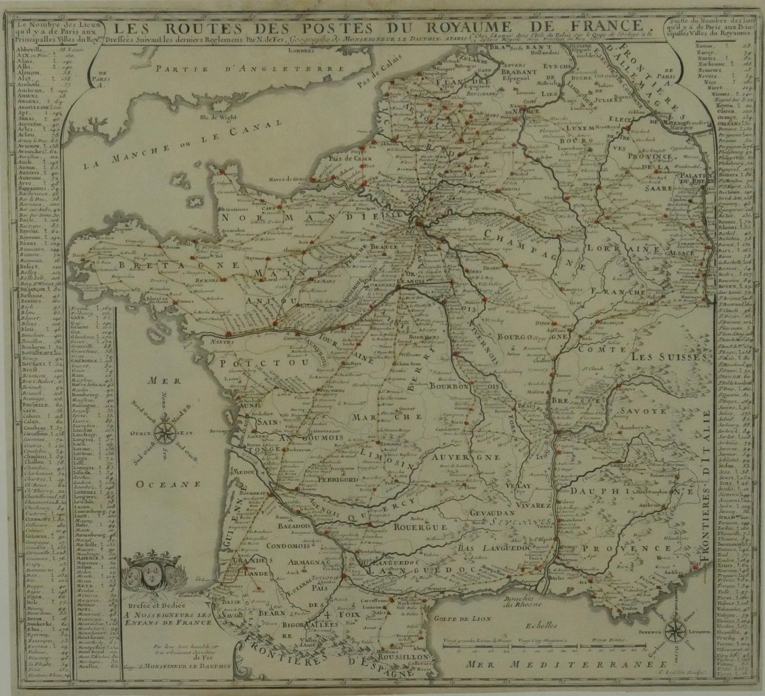 A framed and glazed antique map of 'Les Routes des postes du royaume de France' by Nicolas de Fer.