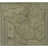 A framed and glazed antique map of 'Les Routes des postes du royaume de France' by Nicolas de Fer.