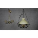 A glass and brass five branch chandelier and an antique glass hanging lamp. D.50cm (Largest)