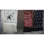 Four embroidered shawls. Including two silk floral embroidered scarves, one cream and one brown. A