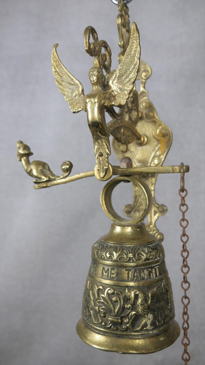 A 20th century French brass gothic style wall mounted bell with relief foliate and figural - Image 2 of 5