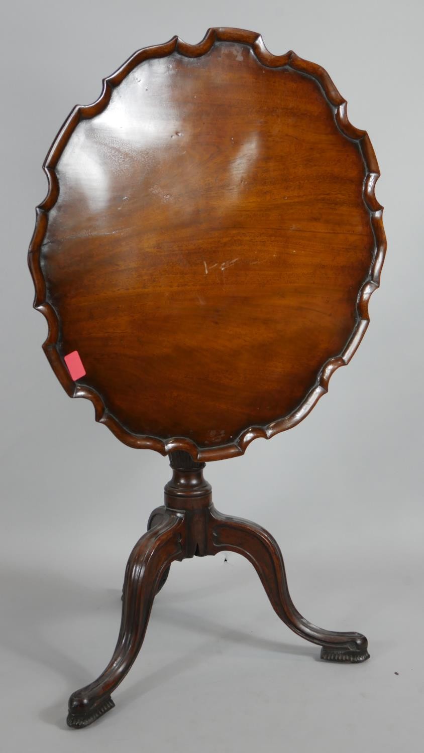 A Georgian style mahogany tilt top occasional table with pie crust edge on husk carved turned - Image 6 of 8