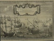 A framed and glazed 18th century engraving of the disembarkation of Naval ships by E.H. Fricx,