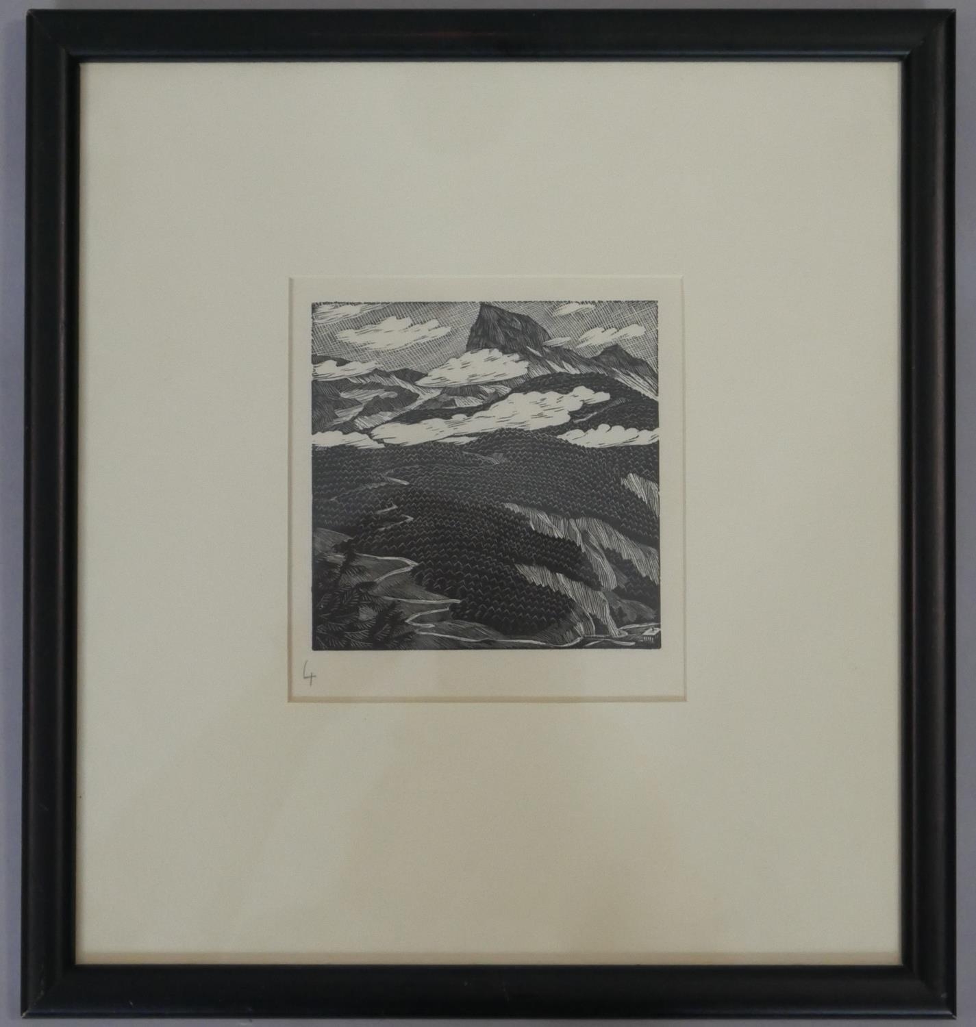 Gwen Raverat (1885 - 1957), framed and glazed woodcut of a mountain scene with cottage. Label to the - Image 2 of 6