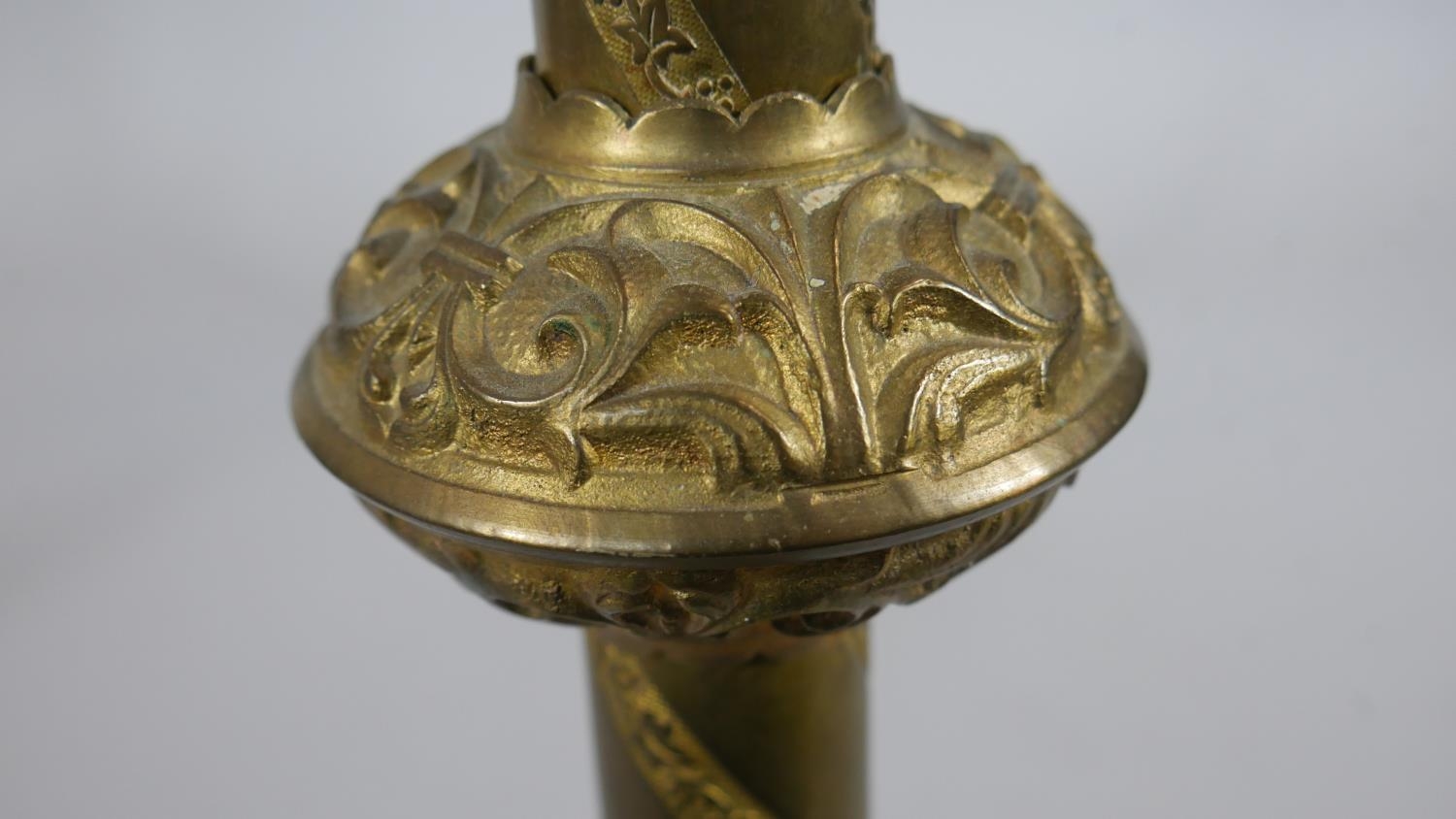 A pair of brass Ecclesiastic style pricket candlesticks on pierced and scrolling tripod bases. H. - Image 4 of 5
