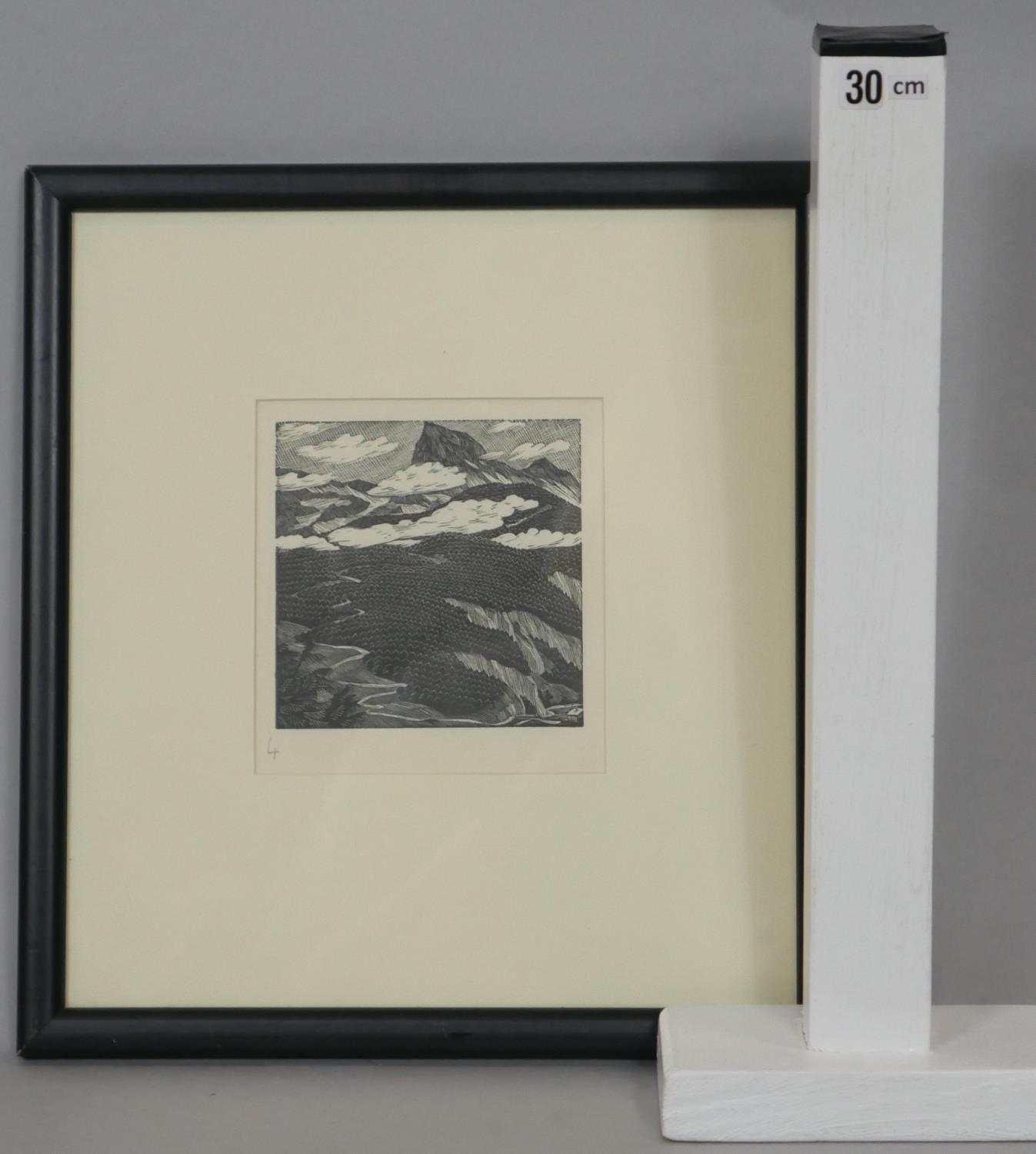 Gwen Raverat (1885 - 1957), framed and glazed woodcut of a mountain scene with cottage. Label to the - Image 6 of 6