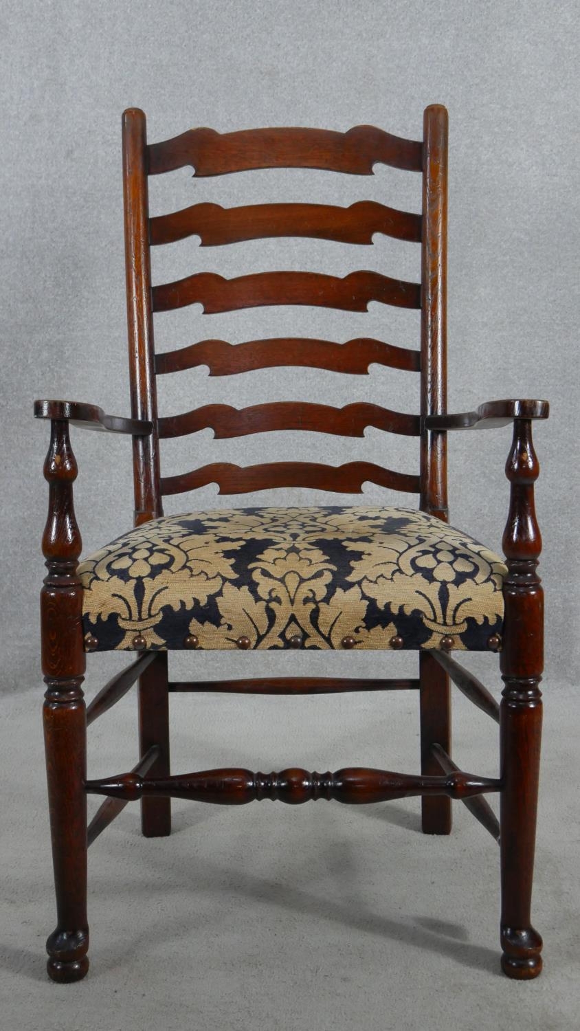 A set of eight oak Lancashire ladderback dining chairs in floral upholstery on turned stretchered - Image 2 of 9