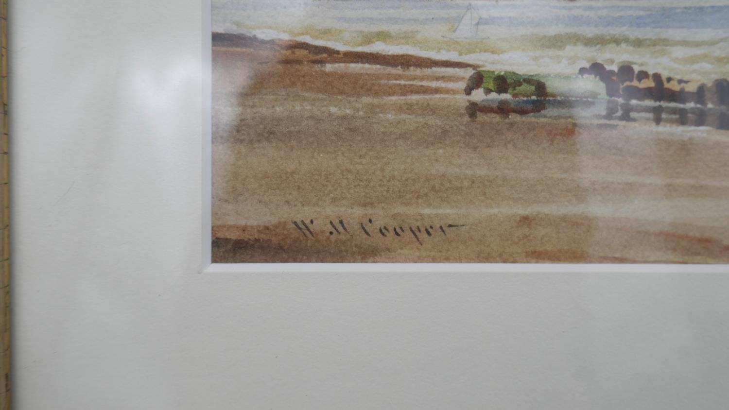 A glazed and framed watercolour, beach with chalk cliffs in the distance, signed Cooper. H.21 W.28cm - Image 4 of 5