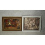 Two framed oils on board. One of a man sitting at a desk and the other depicting figures around a