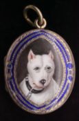 A Victorian engraved and enamelled yellow metal oval locket, the front with an enamelled panel of