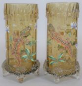 A pair of Moser style 19th century art glass vases, each with wax drip effect round the rim,