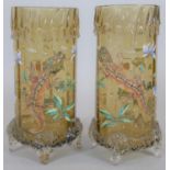 A pair of Moser style 19th century art glass vases, each with wax drip effect round the rim,