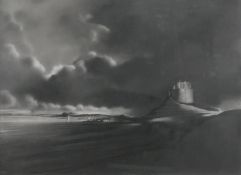 Chris Knox, a framed & glazed graphite drawing on paper signed CK, depicting Lindisfarne Sunrise,