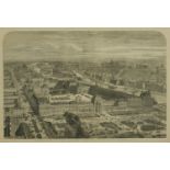 A framed and glazed 19th century engraving of a Panoramic view of Paris, with the Louvre and the Rue
