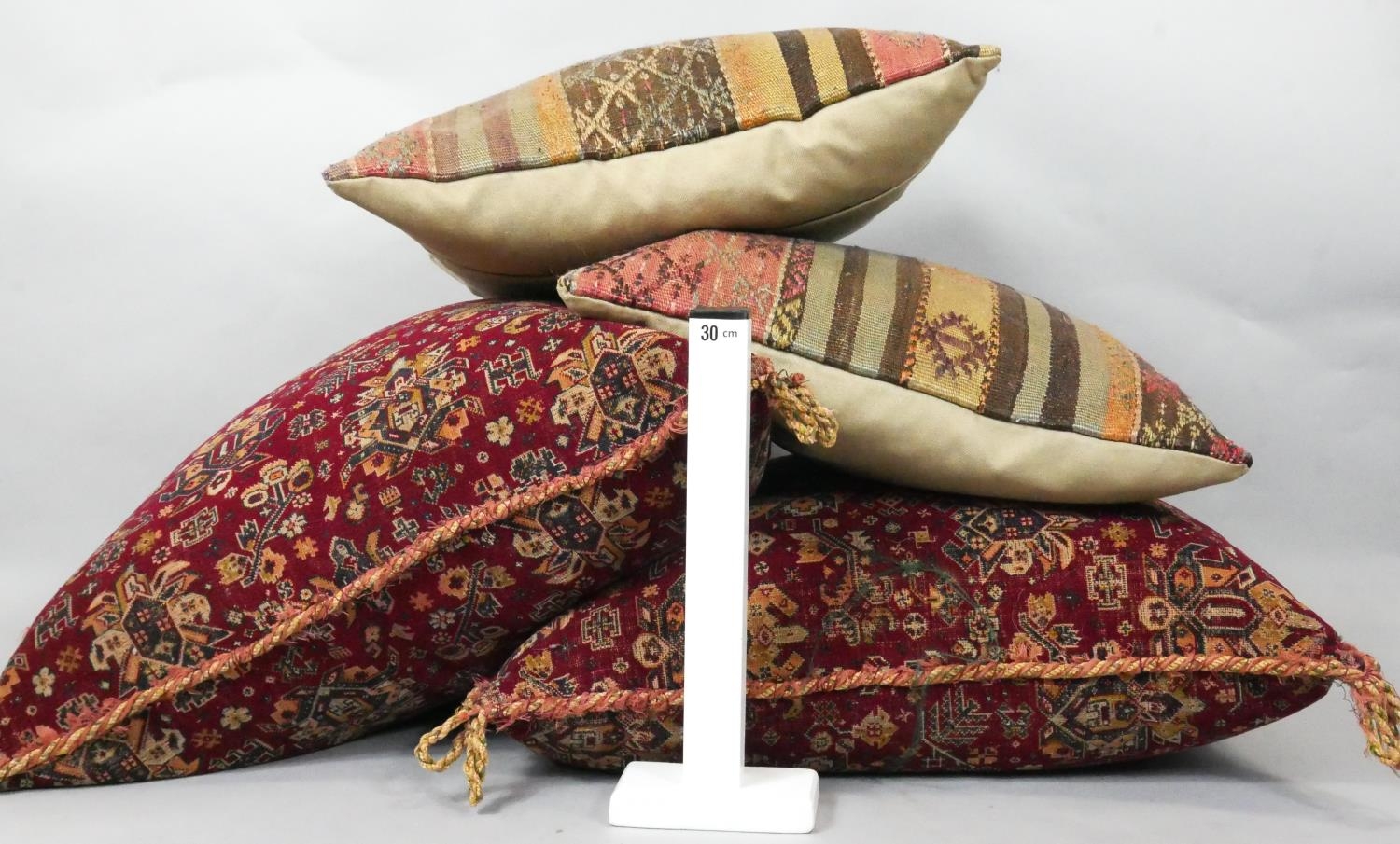 A large pair of tapestry covered cushions and two kelim examples. L.54cm - Image 5 of 5
