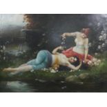 A gilt framed oil on canvas, Pre Raphaelite style figures in a landscape. unsigned, bears name